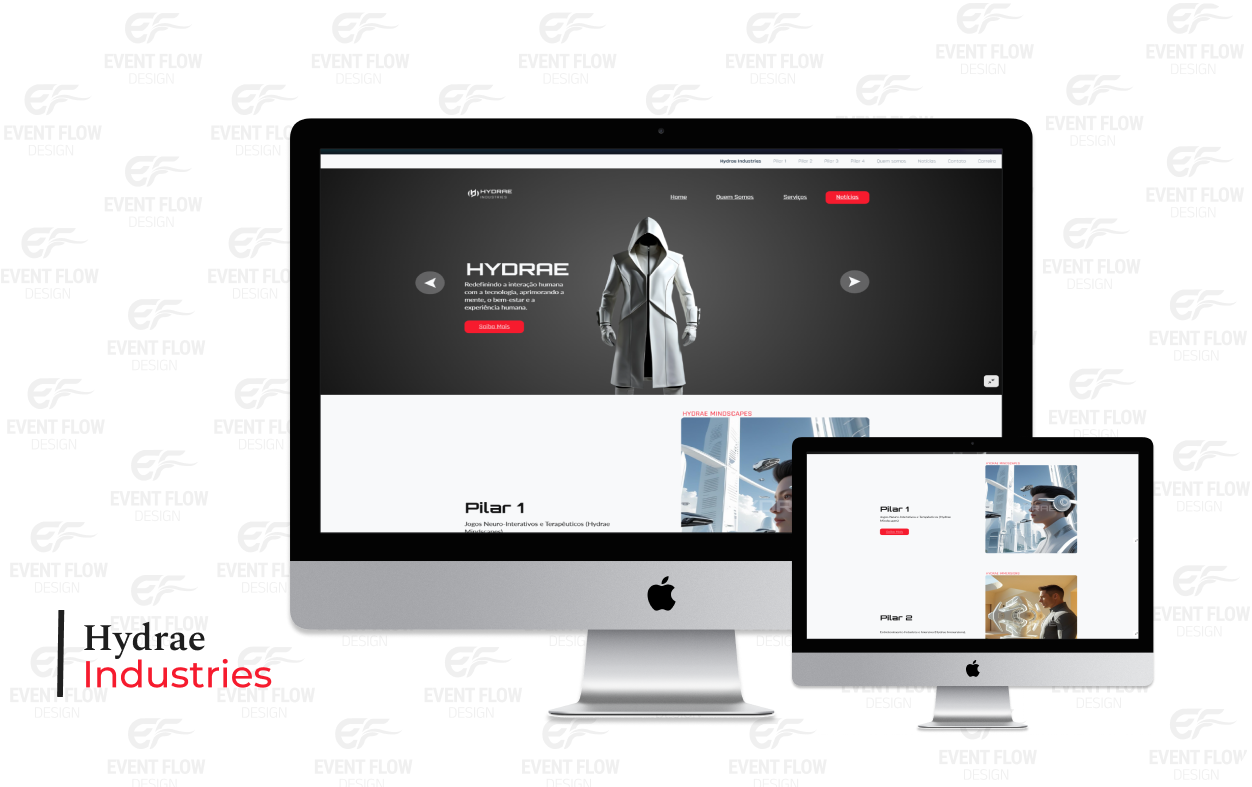 Website HydraE Industries exibido em diferentes telas